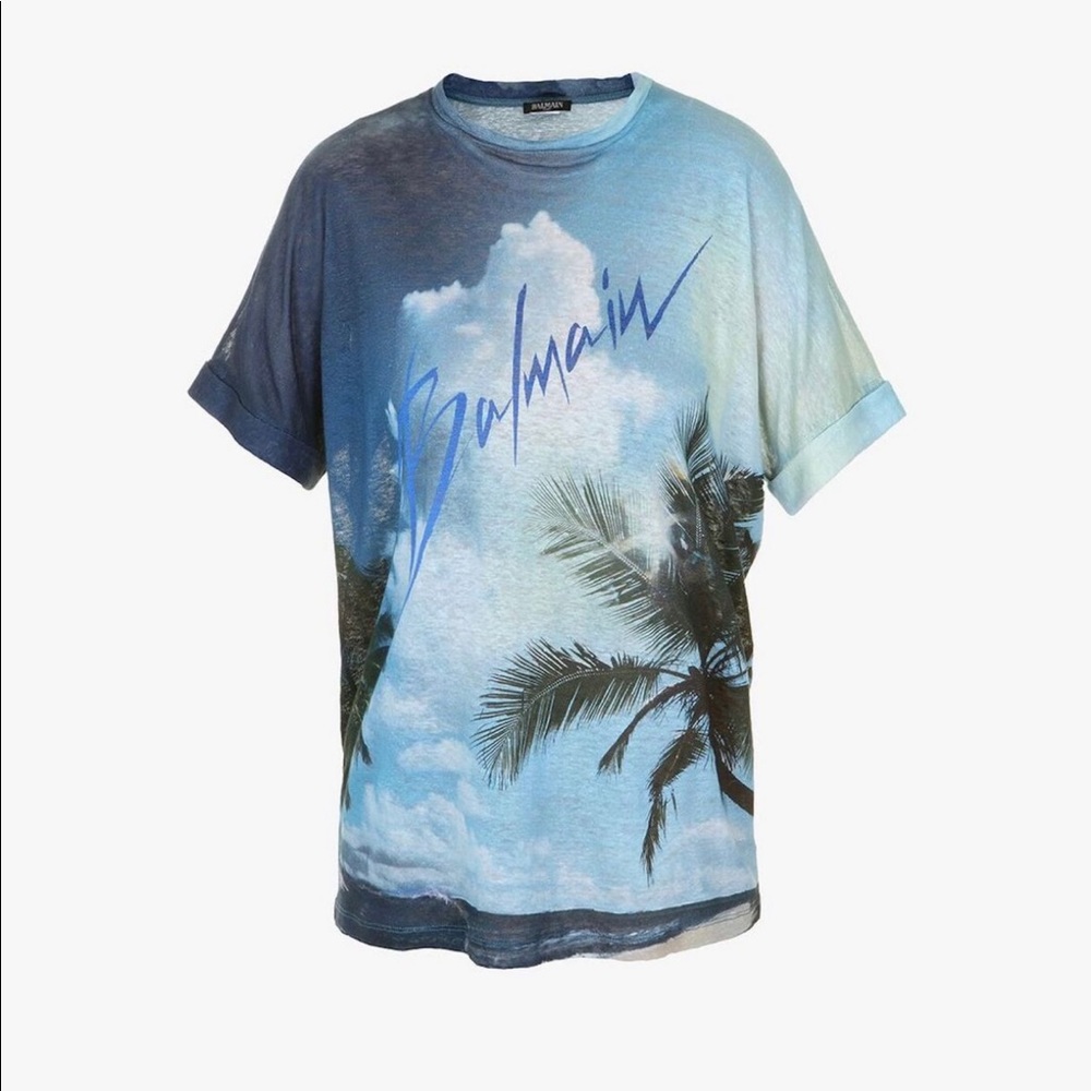 Balmain Palm Tree Printed Linen Tshirt